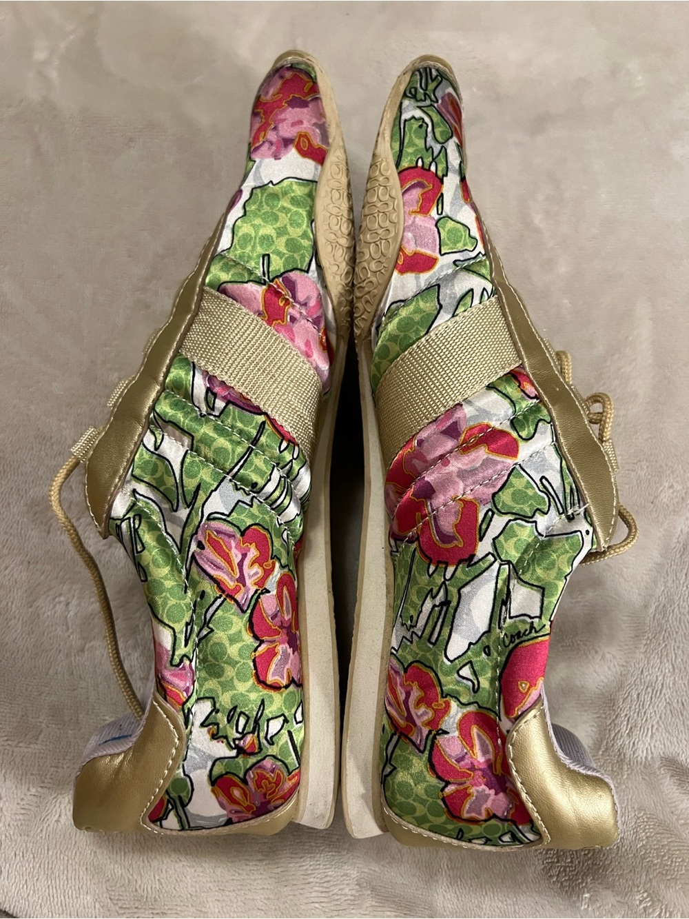 Coach Kirby Ashley Abstract Floral Quilted Satin Metallic Gold Sneakers Q999